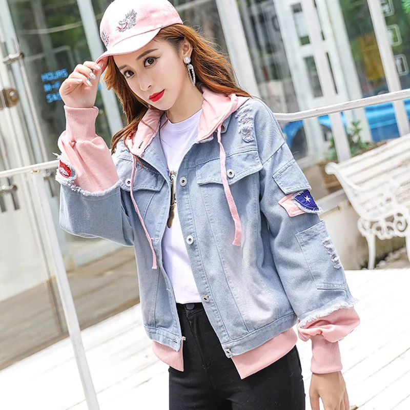 

2019 New Patchwork Hole Denim Jacket Women Casual Loose Jeans Coat Ladies Harajuku Long Sleeve Hooded Single-breasted Outerwear