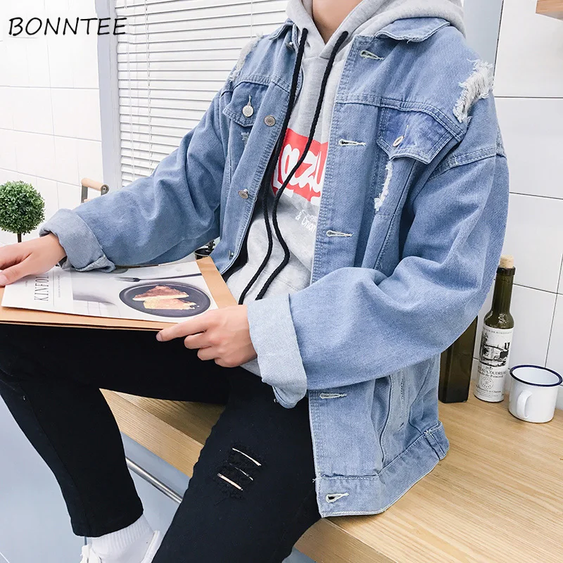 

Jackets Men Turn-down Collar Denim Pockets Leisure Large Size Simple All-match Korean Style Jacket Mens Ulzzang Outerwear Chic