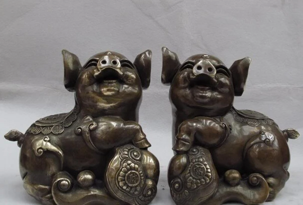 

S0784 Chinese classicality Bronze Copper Carved lucky two Ruyi Pig fenghsui Statue D0318