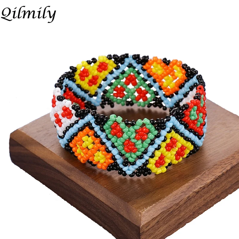 

Qilmily Boho Colored Glass Seed Beads Heart Flower Pattern Wide Bracelet for Women Girl Crystal Bangle Gift Souvenir Wedding Hot
