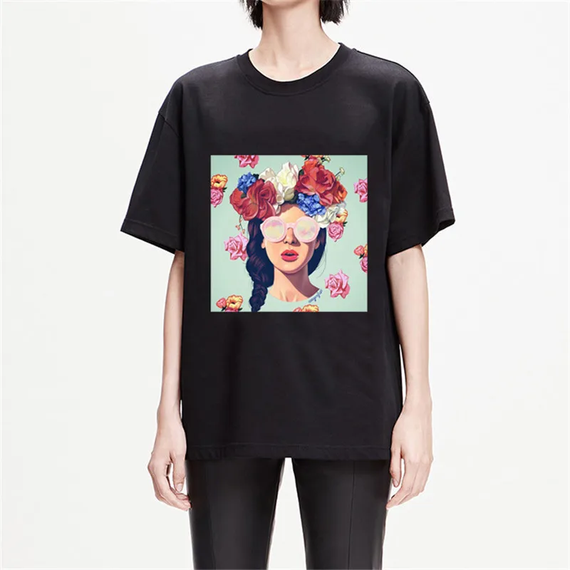 

2019 Fashion Girl Wearing Flowers Print Female T-shirt White Cotton Women Tshirts Summer Casual Harajuku T Shirt Femme Top