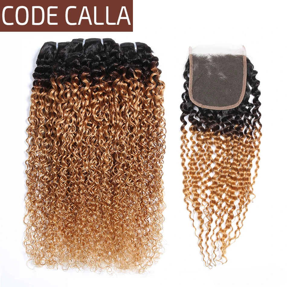 

Code Calla Indian Ombre Brown Color Kinky Curly Bundles With 4*4 Lace Closure Raw Virgin Human Hair Weave Curly Weft Extension