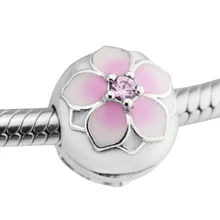 Подходит для браслетов Pandora цветение магнолии шармы с бледно-вишневая эмаль стерлингового серебра 925 ювелирные изделия из бисера