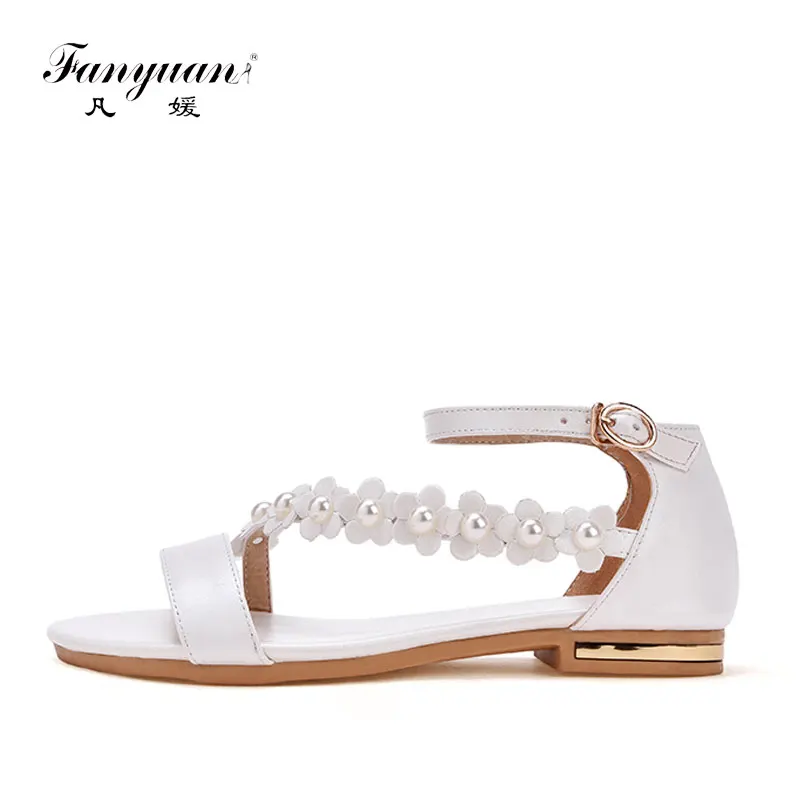 

Summer Gladiator Sandals Women Flats Heels Genuine Leather Party Wedding Shoes flower strap Ladies Summer Sandals