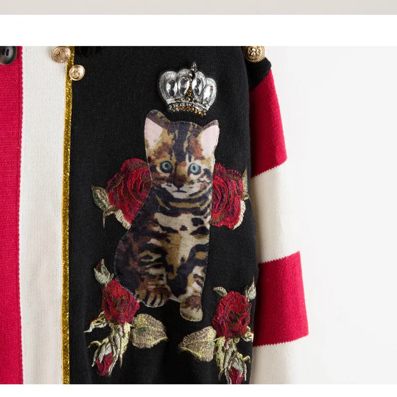Роскошный брендовый дизайнерский вязаный свитер для женщин, винтажный вязаный пуловер с круглым вырезом и вышивкой в виде короны, котов, цветочных пуговиц