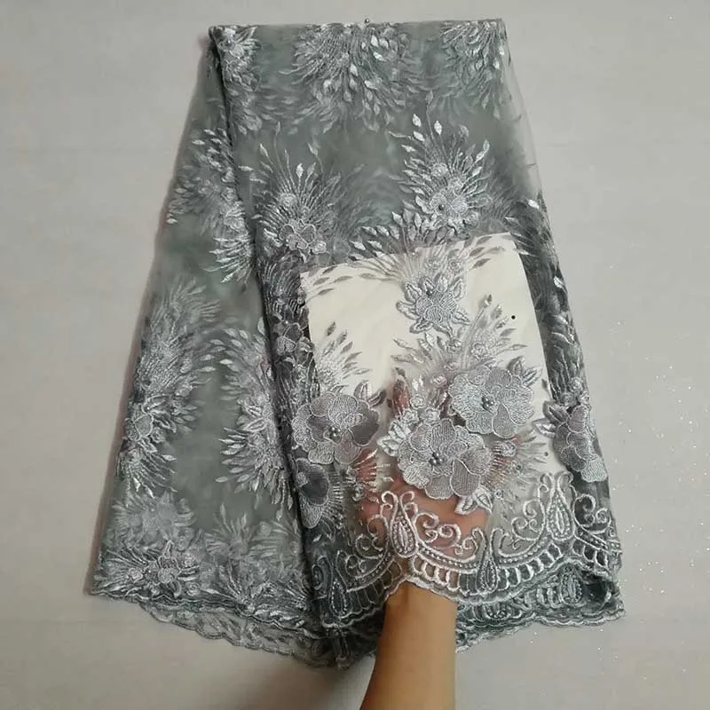 

New Gray Color 2019 High Quality Beads African Lace Fabric French Net Embroidery Tulle Lace Fabric For Nigerian Wedding Party