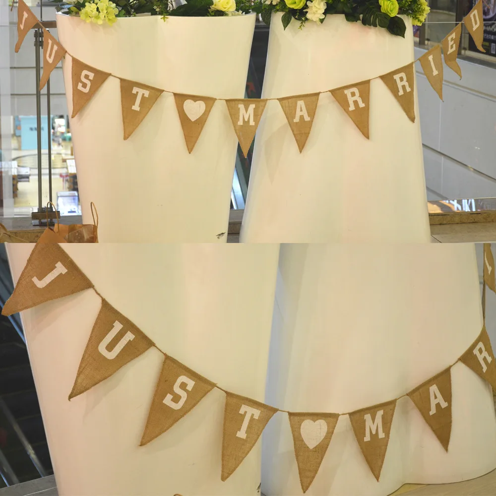 1pcs 3.7M Linen JUST MARRIED Bunting Banners Wedding Party Supplies