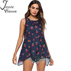 Джесси Винсон вишня печати без рукавов асимметричной Шифоновая блузка Для женщин летние Повседневное свободную рубашку танк