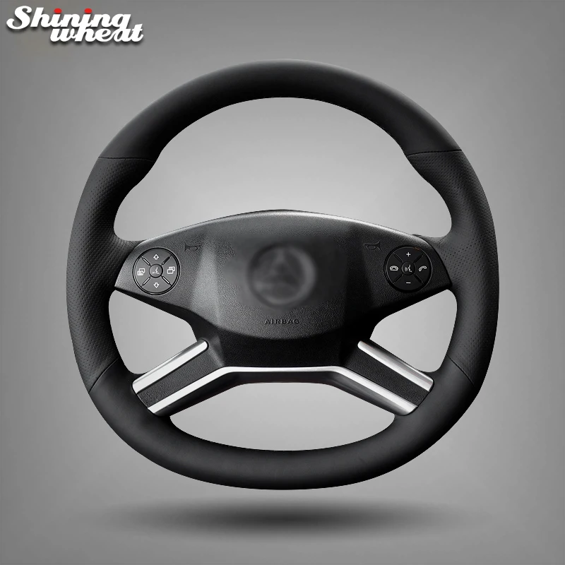Shining Wheat Black Genuine Leather Car Steering Wheel Cover For