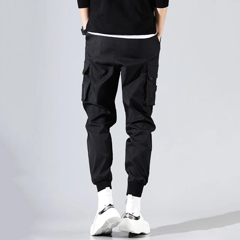 Cargo Pants Men Solid Color Black Loose Casual Jogger Pocket Elastic waist Ankle Length Trousers Techwear 3