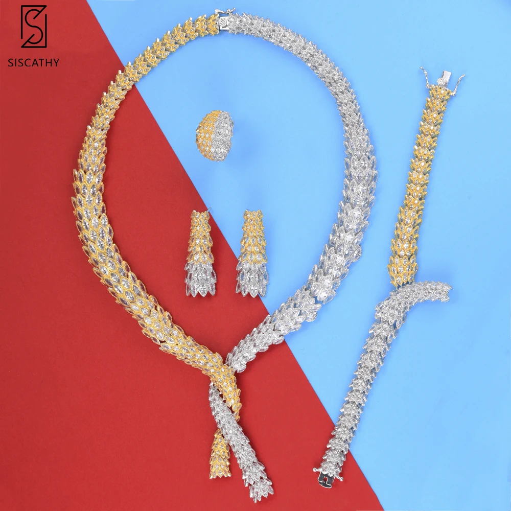 

4PCS Trendy Dubai gold Jewelry Sets Geometric Collar Necklace Dangle Earrings Bangle Ring Wedding Jewelry Sets For Women