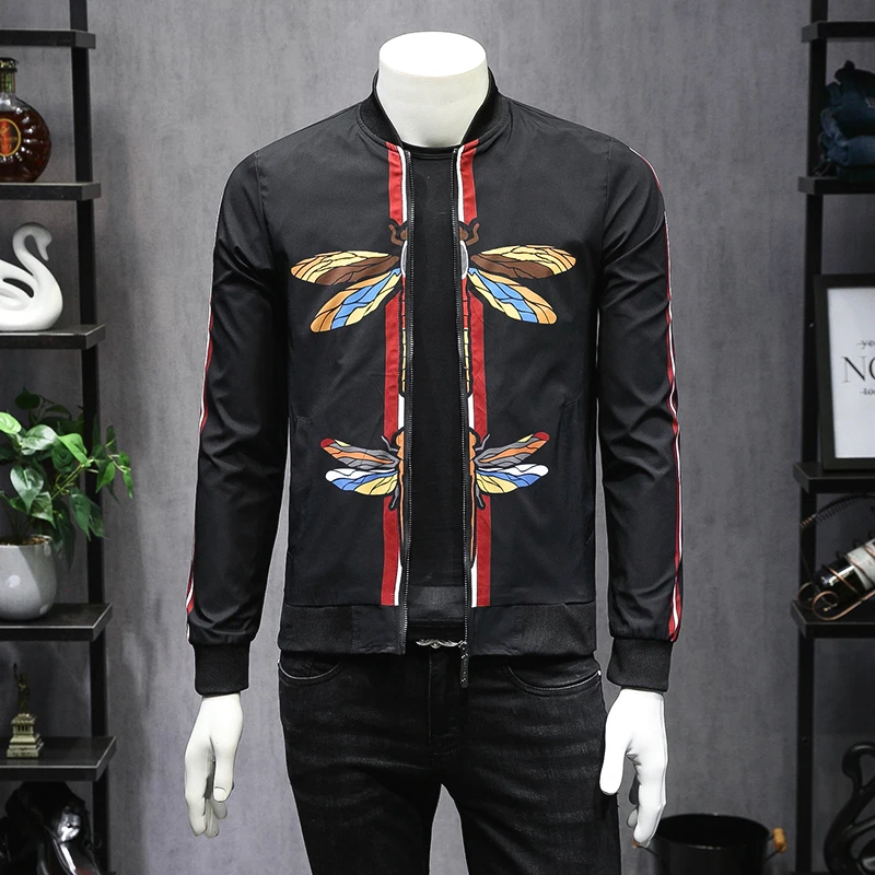 

Dragonfly Print Jacket Men Slim Fit Jaqueta Masculina Inverno Stripe Sleeve Giacca Uomo Casacas Para Hombre Bomber Jacket Men