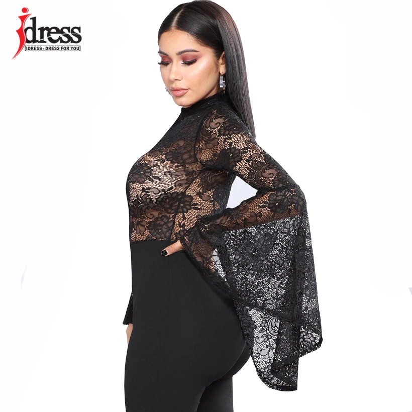 IDress Sexy Women Floral Lace Bodysuit Flare Sleeve Playsuit Rompers Summer Lady Turtleneck Long Sleeve Overalls Black Playsuit (3)