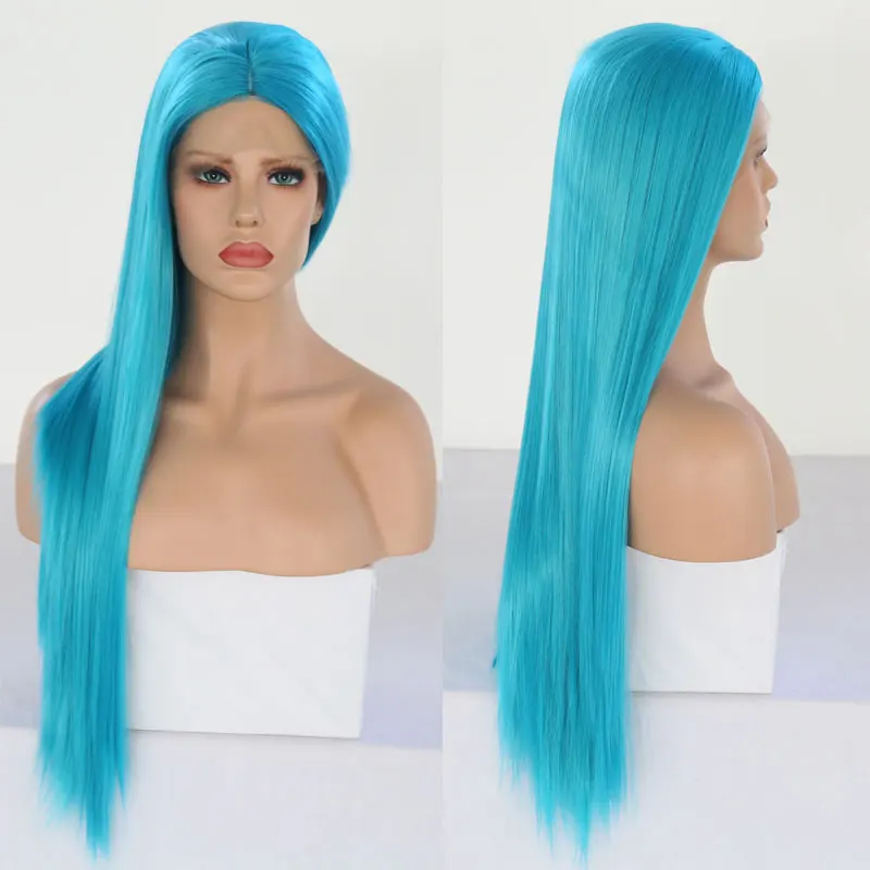 

Bombshell Light Blue Long Straight Synthetic Hand Tied Lace Front Wig Glueless Heat Resistant Fiber Hair For White Women Wigs