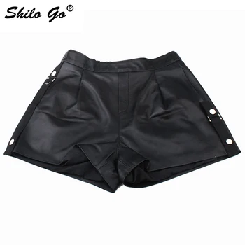 

Leather Shorts Womens Autumn Fashion sheepskin genuine leather Shorts side metal rivet concise loose black shorts