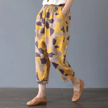 

trousers women streetwear summer trousers women Cotton Linen Printed Geometric Patterns Loose Nine Pants Casual Pants Y625