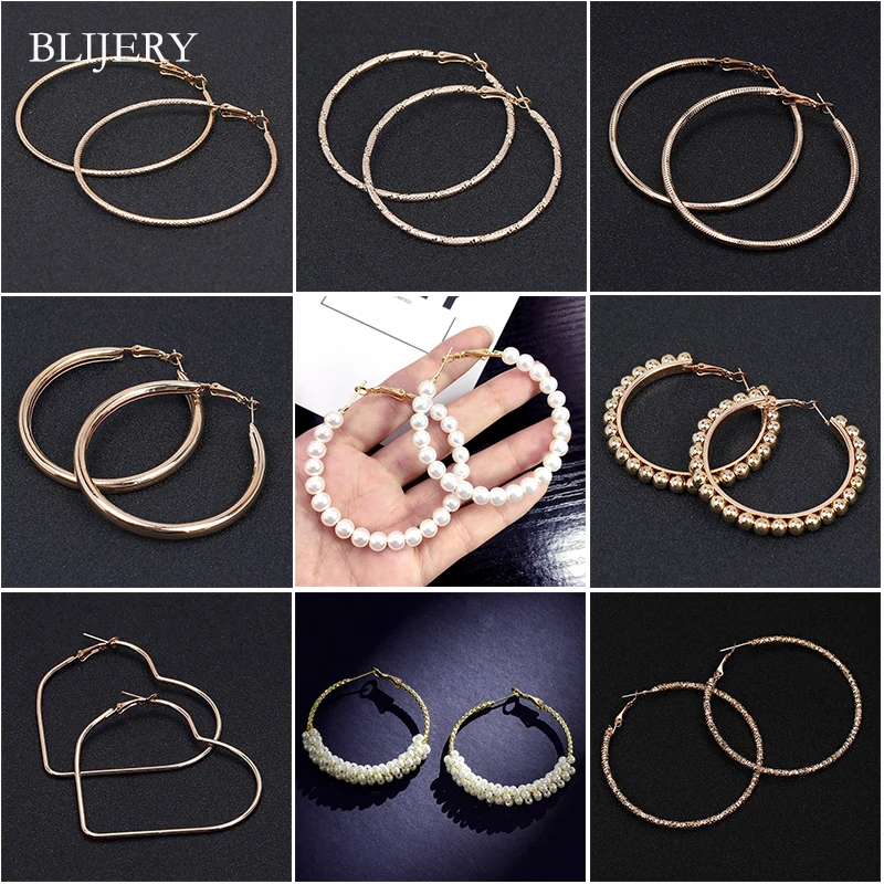 

BLIJERY Vintage Golden Metal Statement Hoop Earrings For Women Punk Jewelry Fashion Pearls Round Circle Earrings Femme Brincos