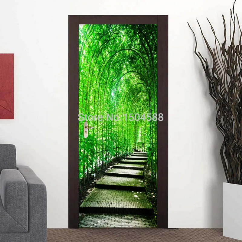 3D стикер на дверь, зеленый лес, дорожка, природа, пейзаж, обои для гостиной, кабинета, домашний декор, наклейки на двери и стены, виниловая роспись