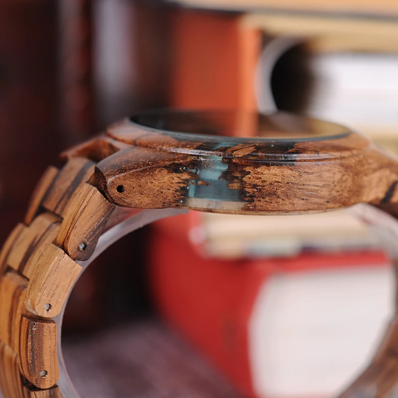 BOBO BIRD Q05 Men Quartz Watch Unique Zebrawood and Resin Conbined Case Wooden Wristwatch
