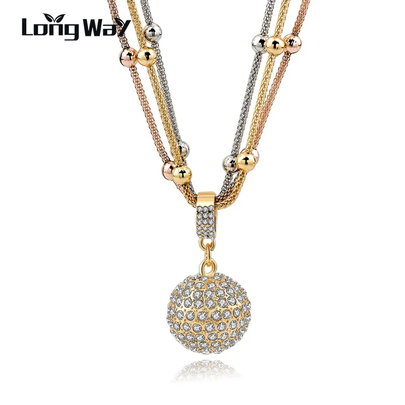 

LongWay 2019 Hot Sale Women Long Necklace Gold Color Chain Necklace Full Rhinestone Ball Pendant Necklace SNE140451