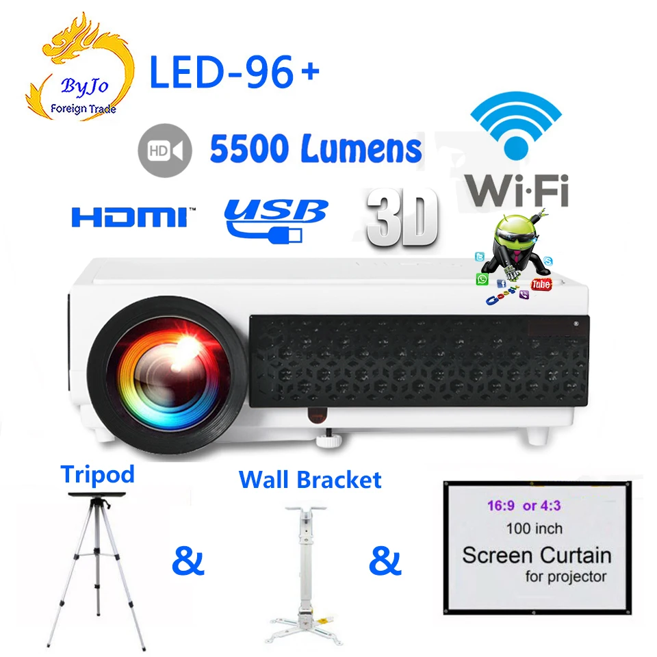 LED96+ wifi LED Android 3D Projector 5500 lumens Video Full HDMI USB 1080p Video Multi screen Home theater projector bt96