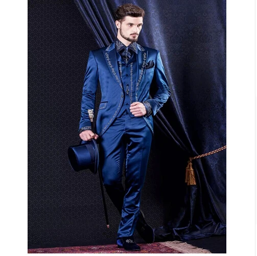 

Custom Made 2016 bule Mens Suits Vintage Print Wedding Suits For Men 2016 Groom Tuxedos Three Piece Suit (jacket+pants+vest)