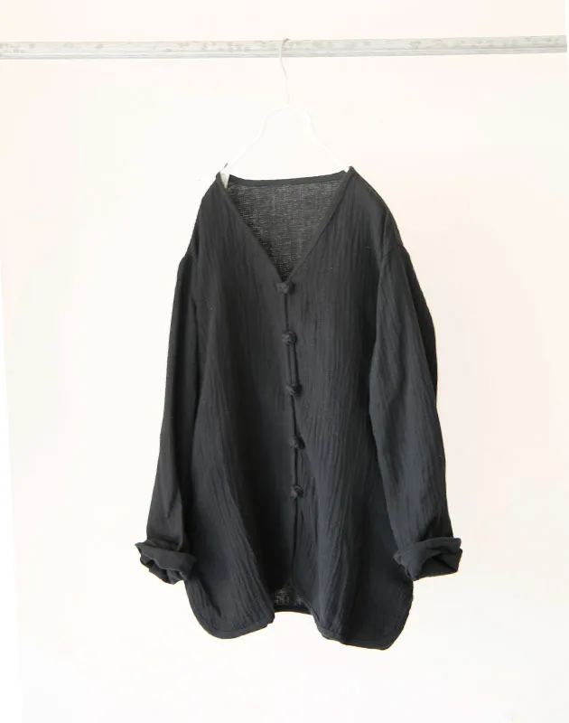 

2019 Autumn New Women's Clothes Skin Texture Flax V-neck Small Cardigan Retro Black Loose Coat D087