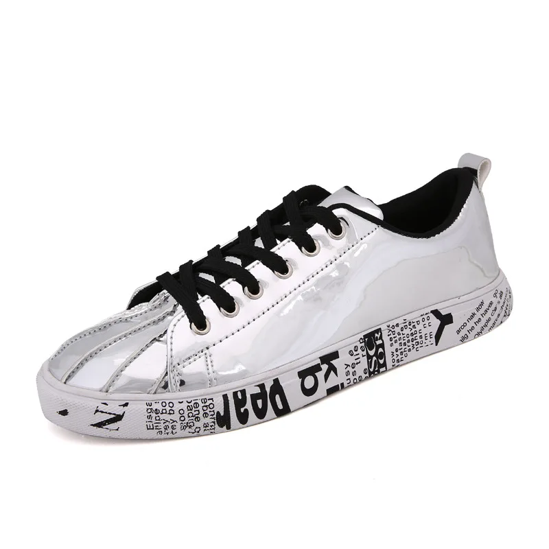 

Mens Silver Sneakers Teenagers Graffiti Luminous Waterproof Boys and Grils Hip Hop Black Gold Pu Trainers Male Reflective Shoes