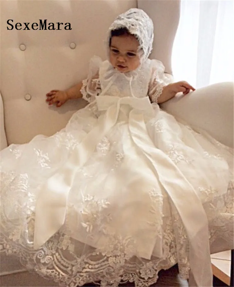 New Lovely Baby Girl Baptism Gown Birthday Party Dress Lace 0-24 month Baby Boy Robe Christening Dress With Bonnet