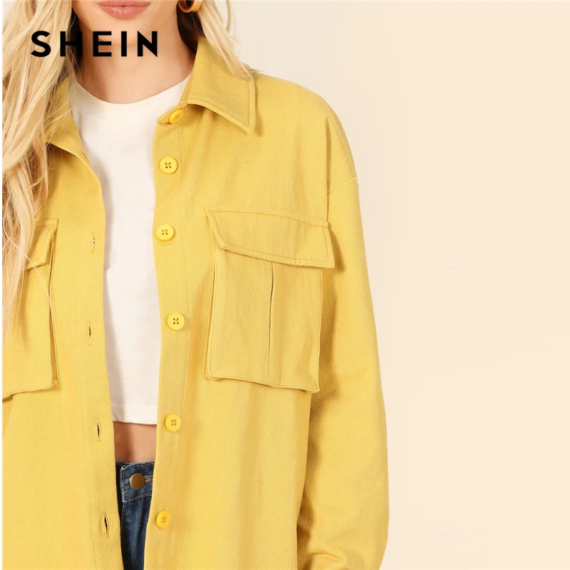 New  SHEIN Yellow Dual Flap Pocket Front Shirt Plain Jacket Autumn 2019 Casual Regular Single Breasted W