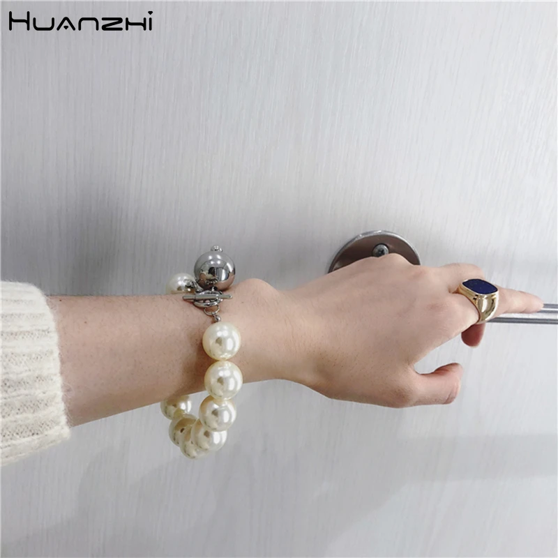 

HZ 2019 New Korean Simple Elegant Silver Metal Ball Pendant Big Imitation Pearls Chain Bracelets for Women Girl Wedding Jewelry