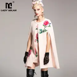 Осень-зима модные пальто Для женщин аппликации из бисера плащ пальто пончо однотонные теплые Элегантный розовый цветочный верхняя одежда +