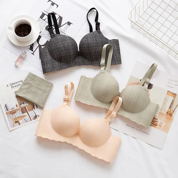 

Winter New Arrive Plaid Seamless Women Bra Panties Set No Rims Gather Lady Lingerie Set Push Up Brassiere Plus Size A B C Cup