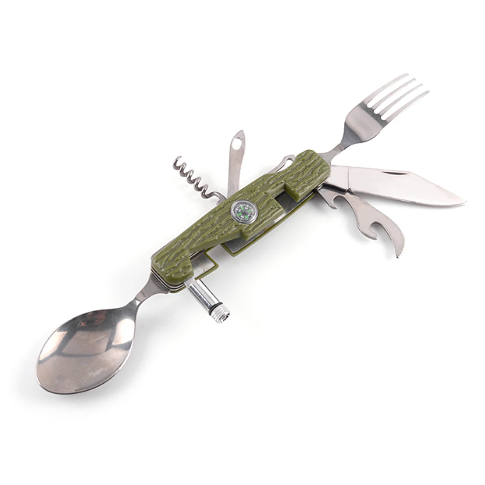 Outdoor Camping Stainless Steel Tableware Portable Folding Picnic Spoon Fork Bottle Opener Multi-functional Tableware