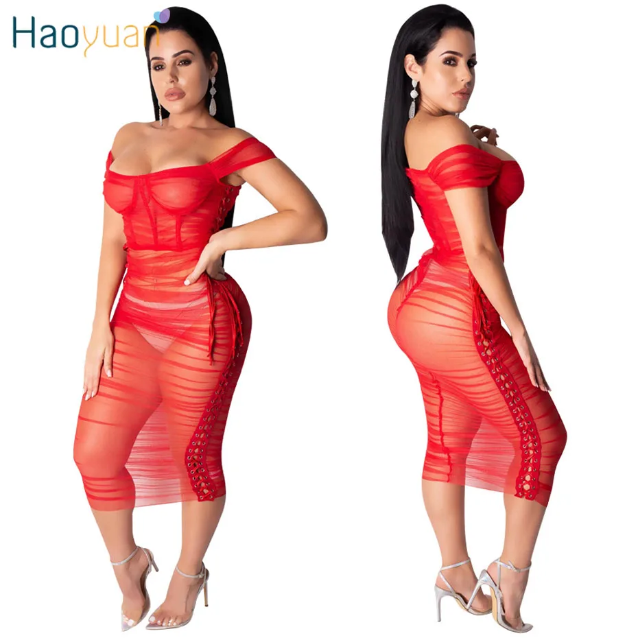 

HAOYUAN Sexy Sheer Mesh Wrap Dress Women Summer Clothes See Through Bodycon Bandage Midi Dress Off Shoulder Club Party Dresses