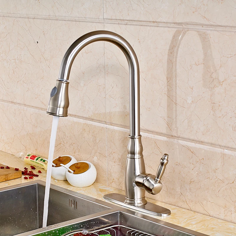 

Contemporary Kitchen Sink Faucet Single Handle Mixer Tap with Cover Pate Nickel Brushed