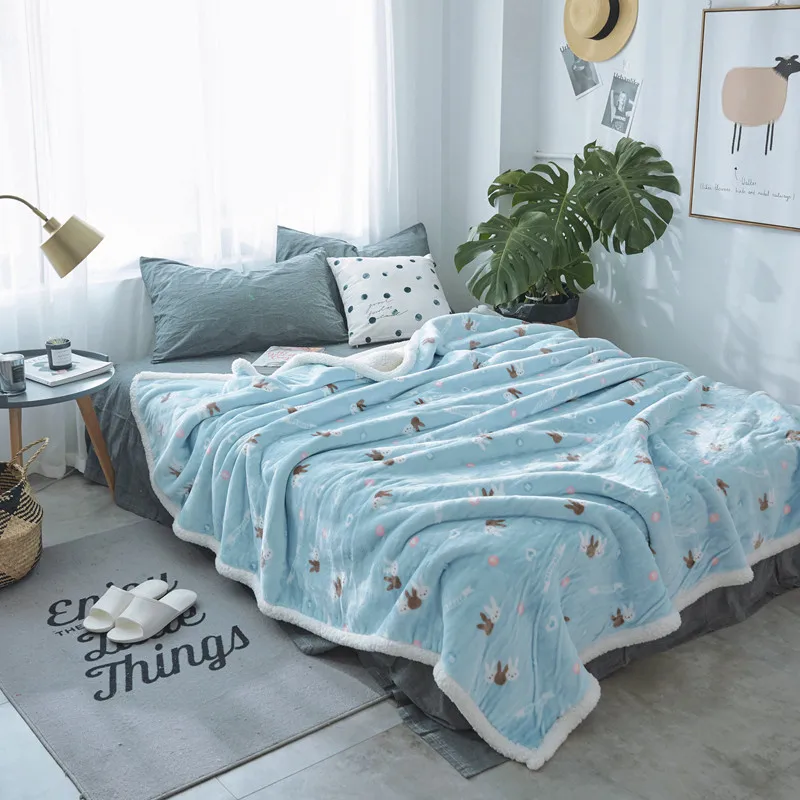 White Black Cartoon Rabbit Pattern Thick Sherpa Throw Blanket Coverlet