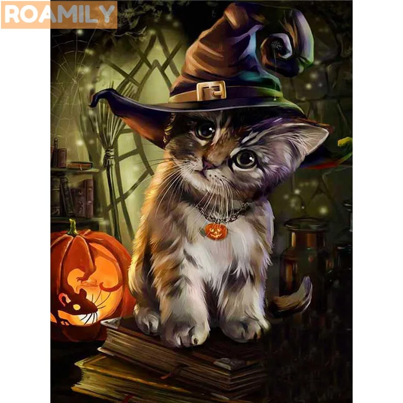 

5d Diamond Painting Halloween,All Hallows' Day,Cat,Pumpkin,Witch,Bat,Skeleton,Dog,Diamond Embroidery Mosaic,Full Square/Round
