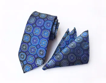 

8cm Men Luxury Necktie Sets Royal Blue Geometric Floral Ties with Handkerchief