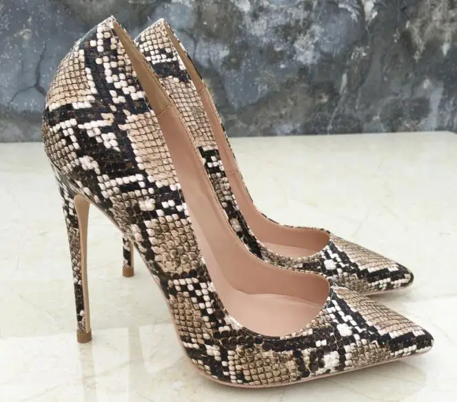 

European Sexy Snakeskin Women High Heels Pointed Toe Slip-on Thin Heel Mixed Color Shallow Party Pumps Women Size 44
