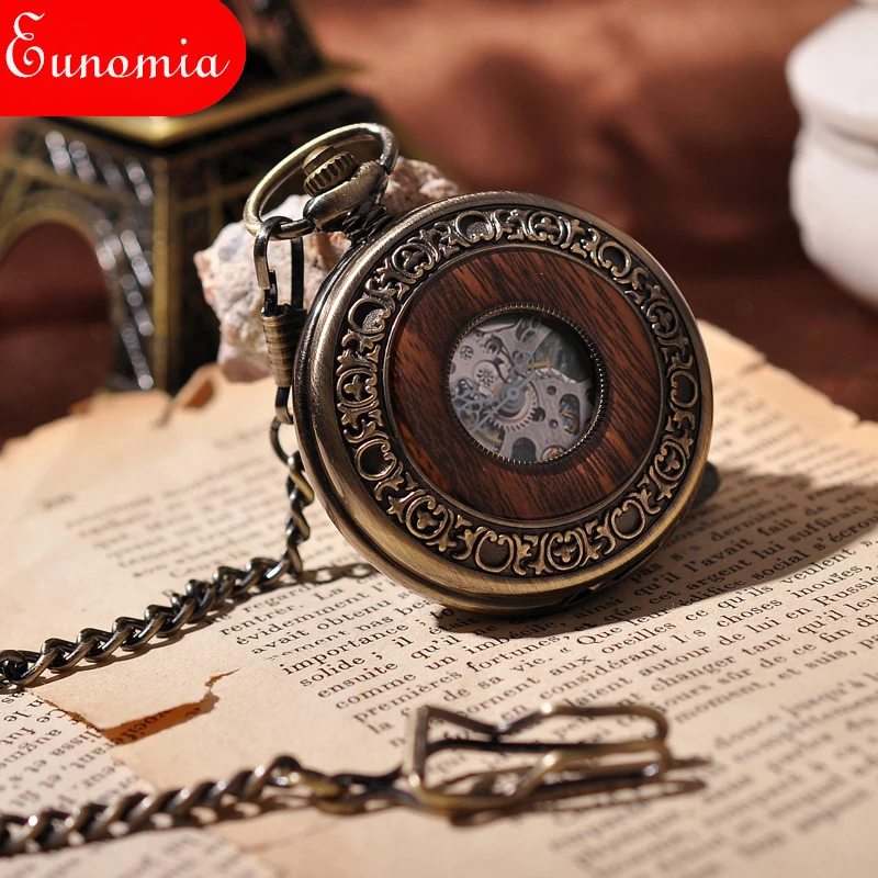 

Wooden Mechanical Men Hand Winding Skeleton Pocket Watch With Key Chain Necklace Full Hunter Steampunk Vintage Watch Sale