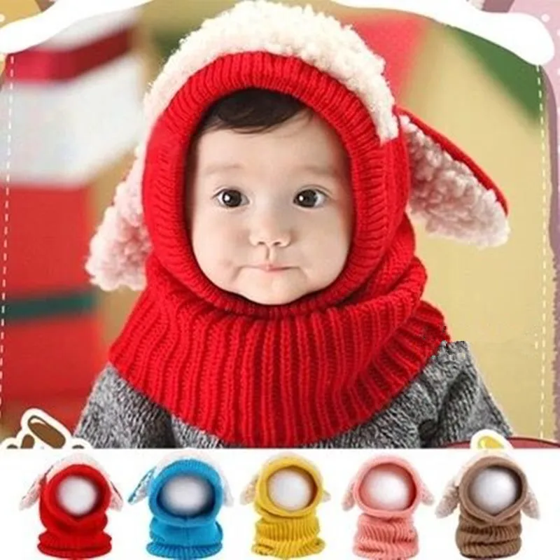 Детская шапка с шарфом, зимняя теплая шапка для малышей, шарф с капюшоном, вязаная шапка с ушками, милая детская шапка, шарф, комплект