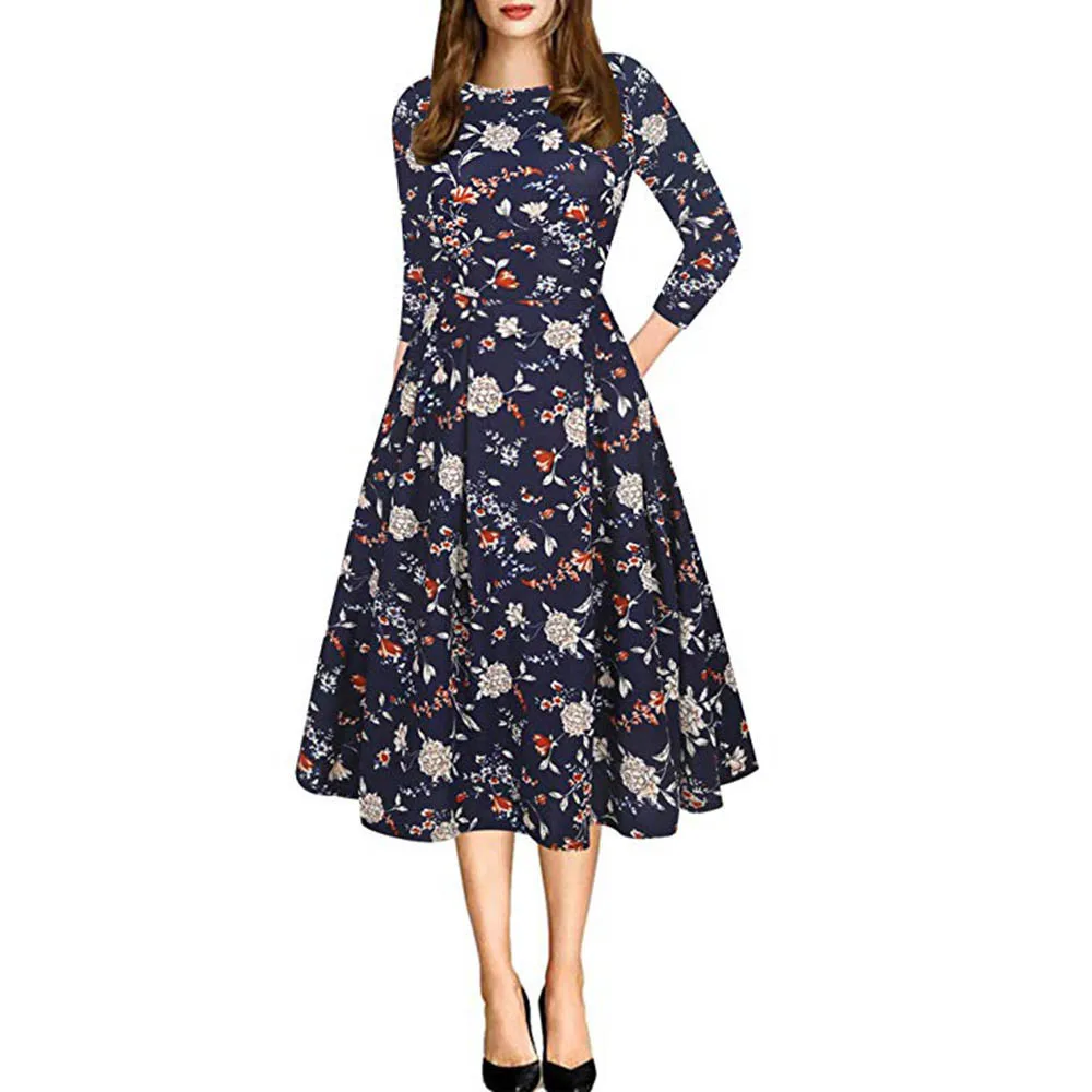

Winter Sexy Dress Women Elegant Floral Print Dresses Long Sleeve Casual Sundress Office Lady Soft Casual Slim Sundresses 8.8L3