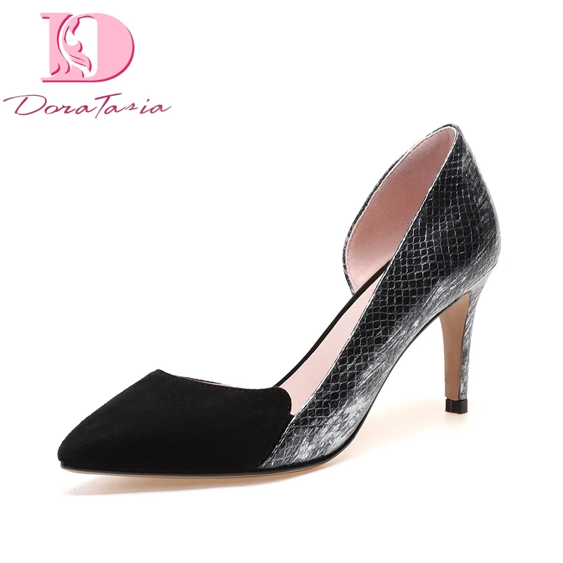 

Doratasia 2018 Cow Genuine Leather Summer Black Patchwork Pumps Shoes Women Thin High Heels Pointed Toe Woman Shoes