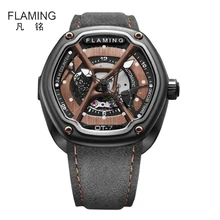 FLAMING Dietrich Series Newest Organic Time OT-7 Watches Men Luxury Automaitic Movement Wristwatch with Black Leather Strap Gift