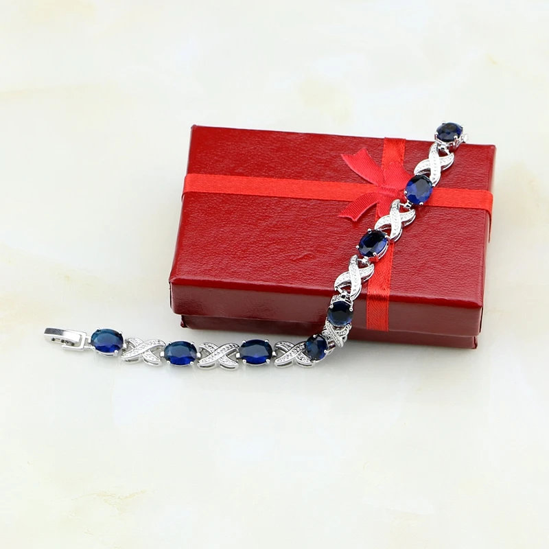 Овальный голубой кубический цирконий Х образный браслет с подвесками 925 пробы серебряный браслет с цепочкой винтажный подарок для женщин подарочная коробка