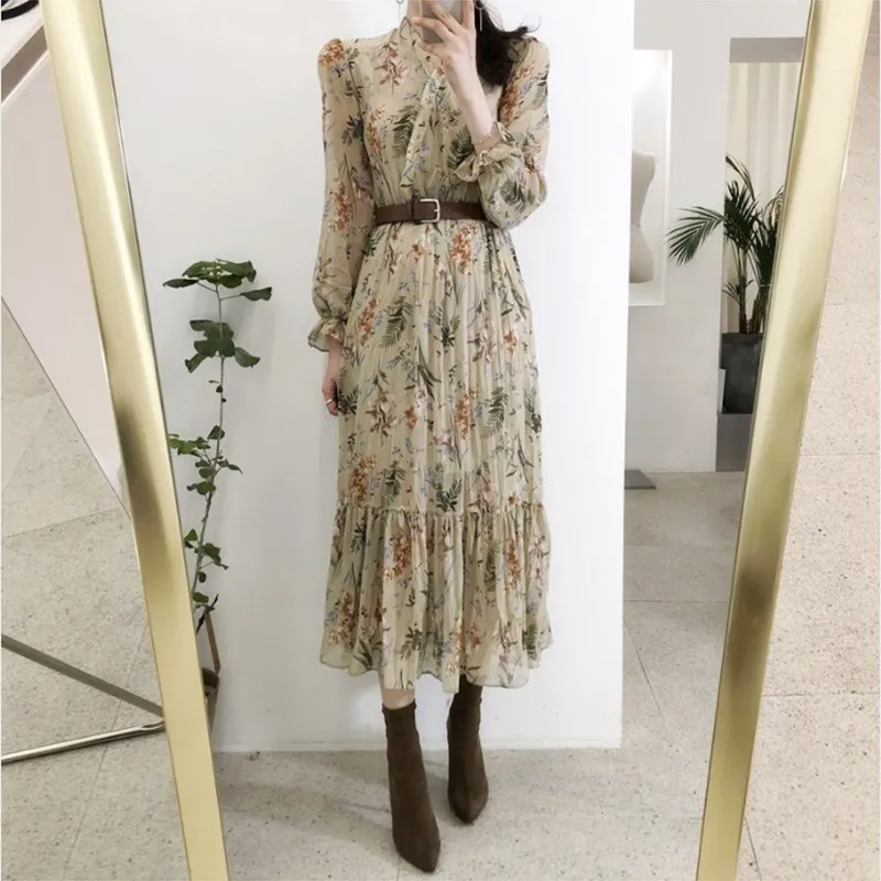 

Spring Autumn 2019 New Flower Print Chiffon Dress Long Floral Boho Dresses For Women Robe Longue Vestido Largo Vestiti Lunga