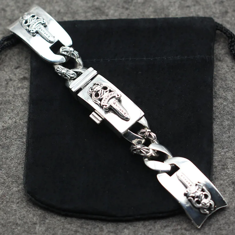 

S925 Sterling Silver Punk Wind Cross Water Ghost Wide Side Watch Chain Thai Silver Retro Holy Sword Men And Women Bracelet Homme