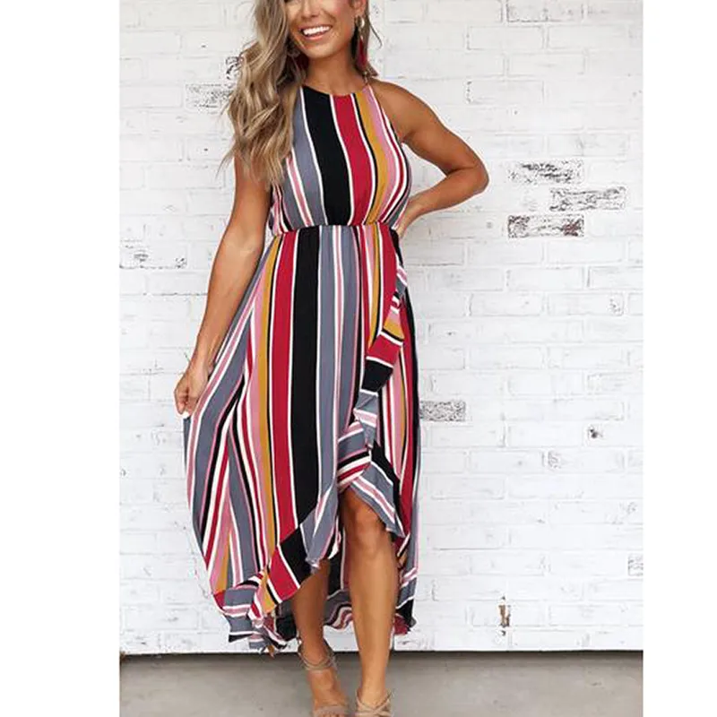 

yashangyi Striped Women Dress Summer Beach Long Dresses Sexy Irregular Ruffles Hem Ladies Sundress Maxi Strap Girl Dress Vestido