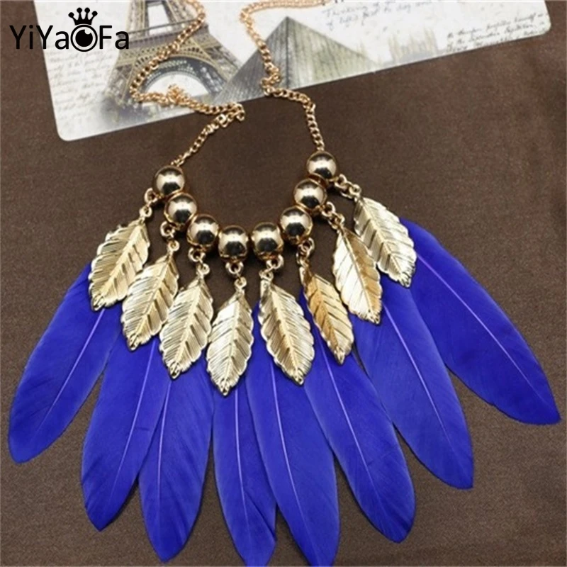 

YiYaoFa Handmade Feather Necklaces For Women Vintage Necklaces & Pendants Long Chain Blue Feather Necklace FN-01